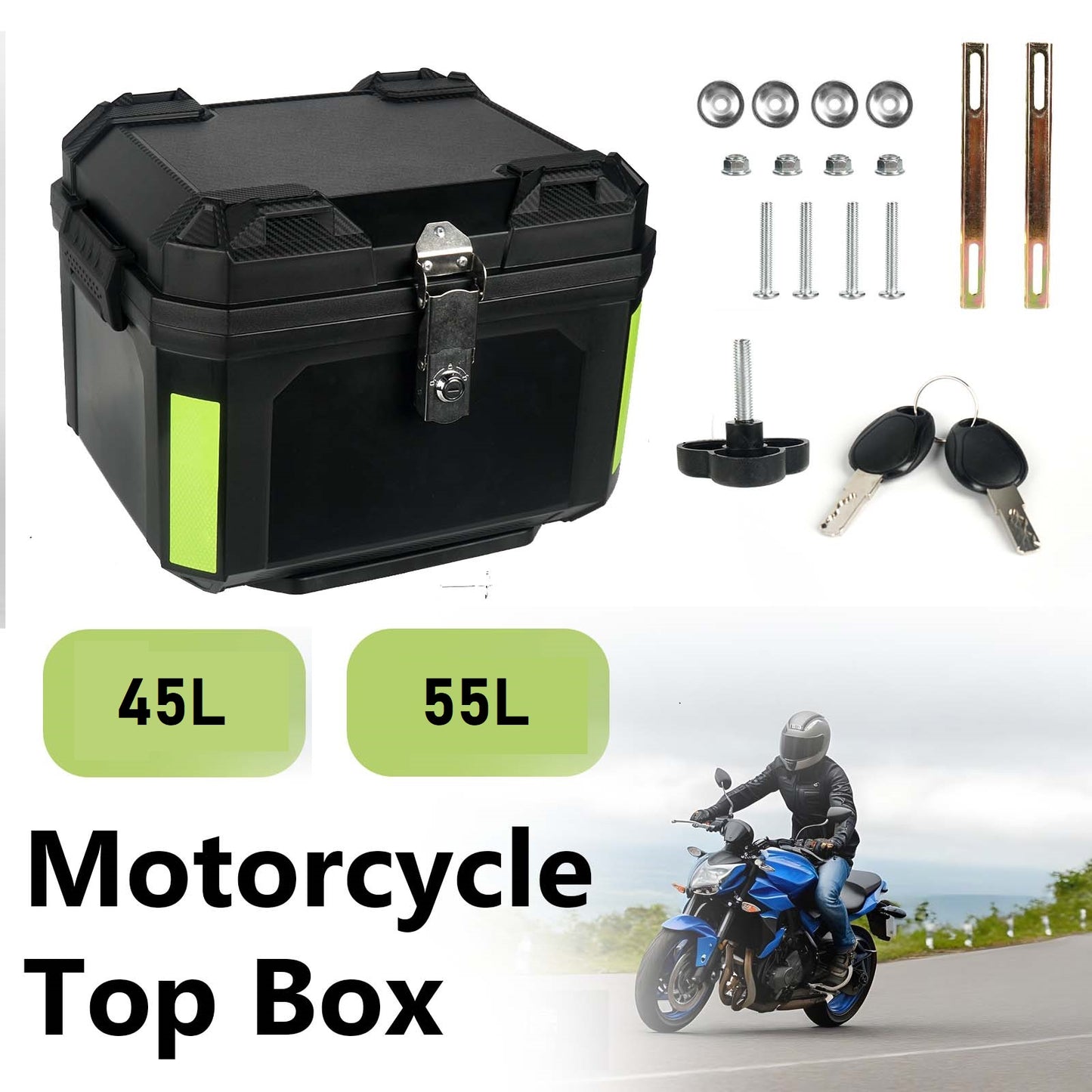 45L/55L Universal Motorcycle Top Case – Waterproof Lockable ABS Tail Storage Box with Shock-Absorbing Mount, Helmet & Travel Gear Carrier