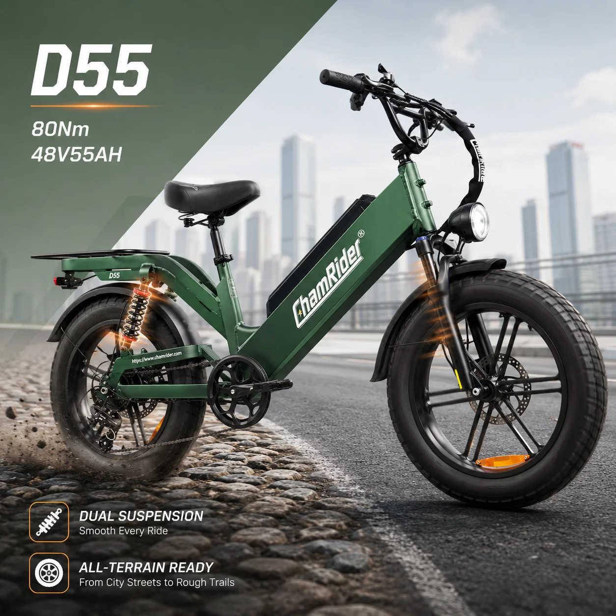 ChamRider D55 48V 55Ah Long-Range Cargo E-Bike – Up to 240KM Range | 80Nm Torque | Dual Suspension