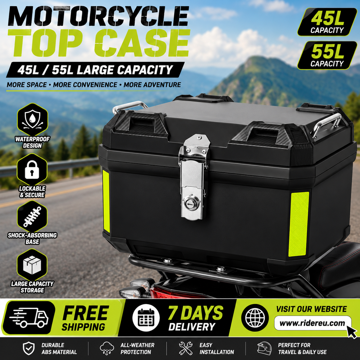 45L/55L Universal Motorcycle Top Case – Waterproof Lockable ABS Tail Storage Box with Shock-Absorbing Mount, Helmet & Travel Gear Carrier