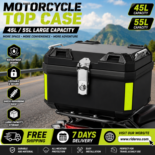 45L/55L Universal Motorcycle Top Case – Waterproof Lockable ABS Tail Storage Box with Shock-Absorbing Mount, Helmet & Travel Gear Carrier